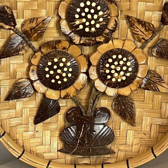 2 Vintage 70s Oval Wooden Wall Art Flowers Polynesian Tiki Boho Chic 10" - Picture 5 of 15